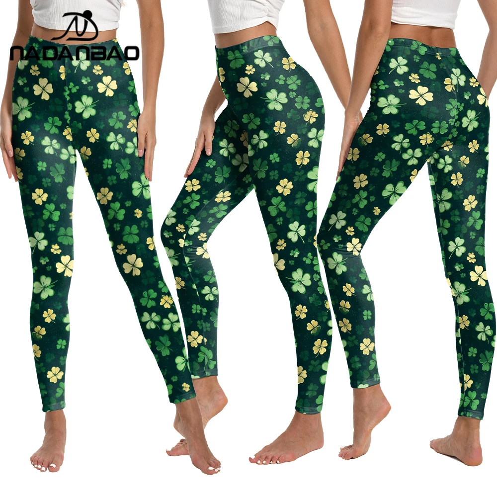 Nadanbao женские леггинсы с ирландским зеленым клевером и листьями