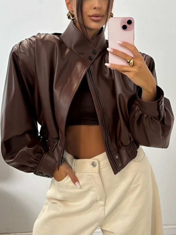 Tossy модные короткие куртки из искусственной кожи с воротником-стойкой - Фотография_4