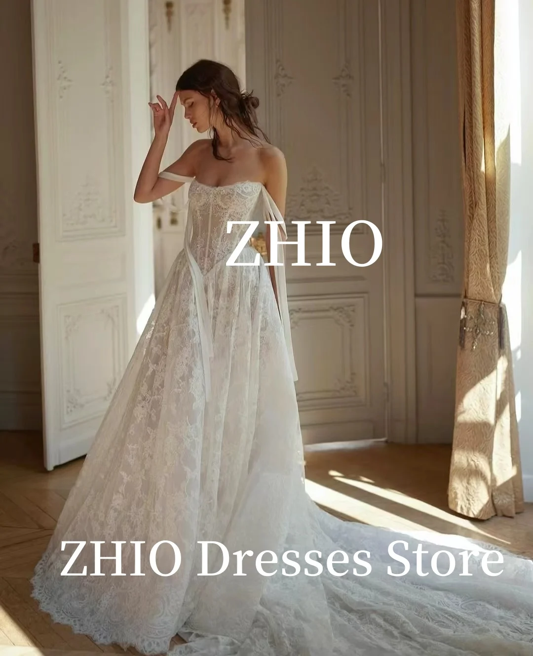 Zhio изысканное кружевное свадебное платье с открытыми плечами - Фотография_2