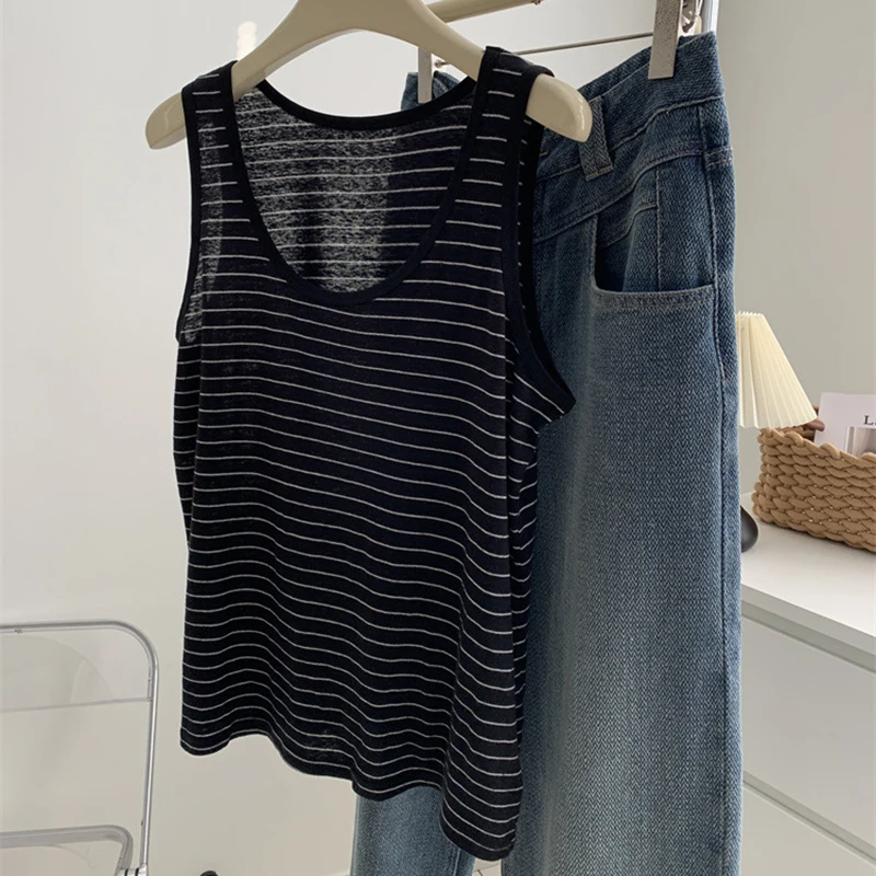 Женский летний тонкий полосатый u-образный вырез с широким плечевым ремнем - Фотография_5