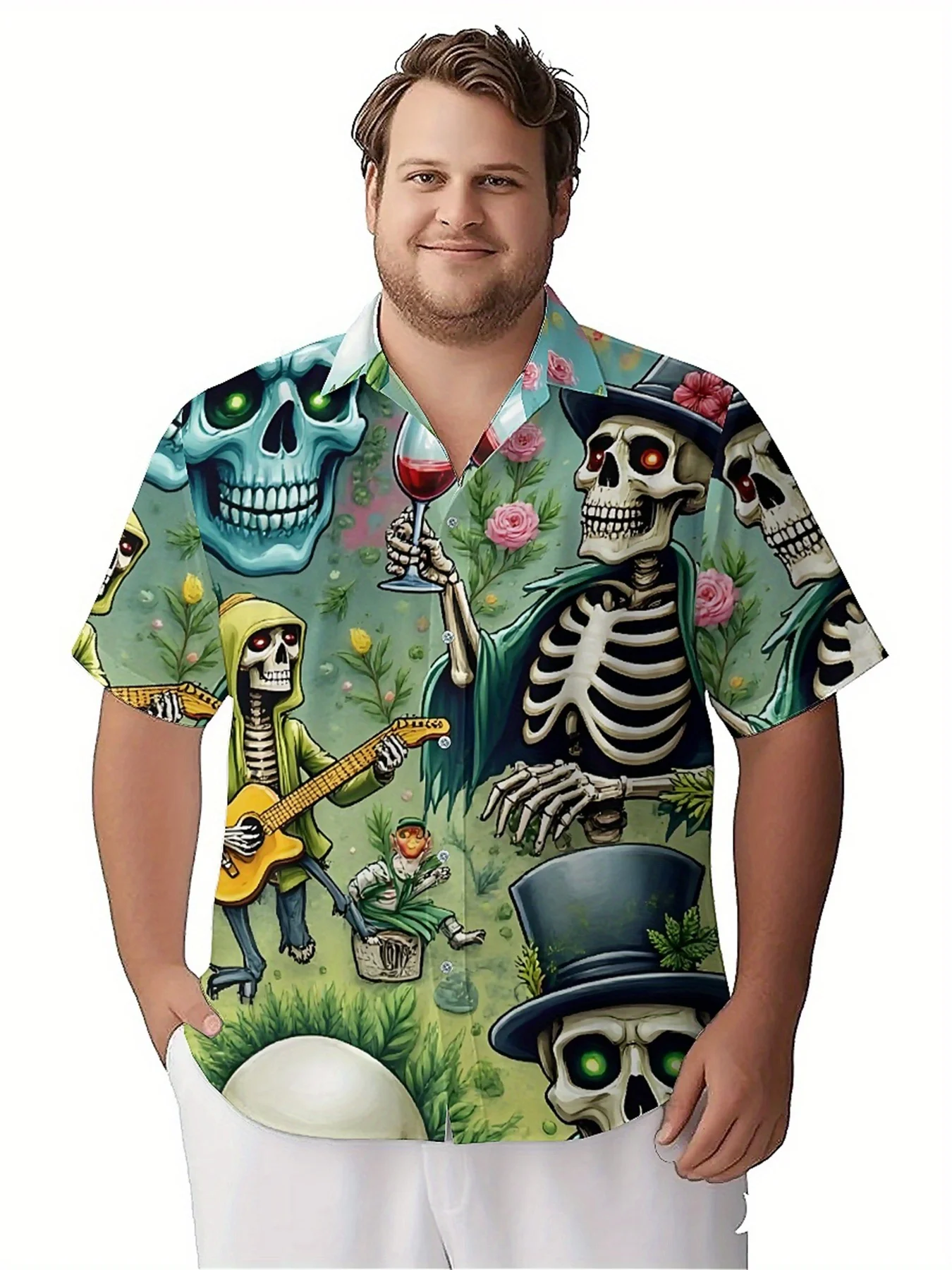 Мужские гавайские рубашки больших размеров с рисунком черепа и цветов - Фотография_5
