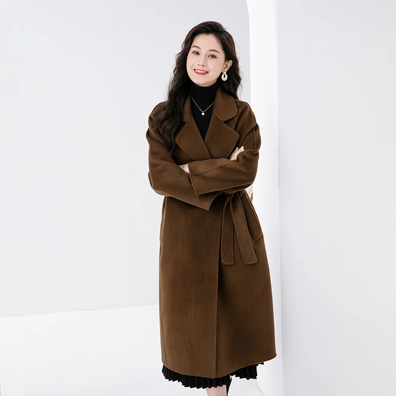Новые трендовые зимние длинные женские шерстяные пальто с поясом - Фотография_3