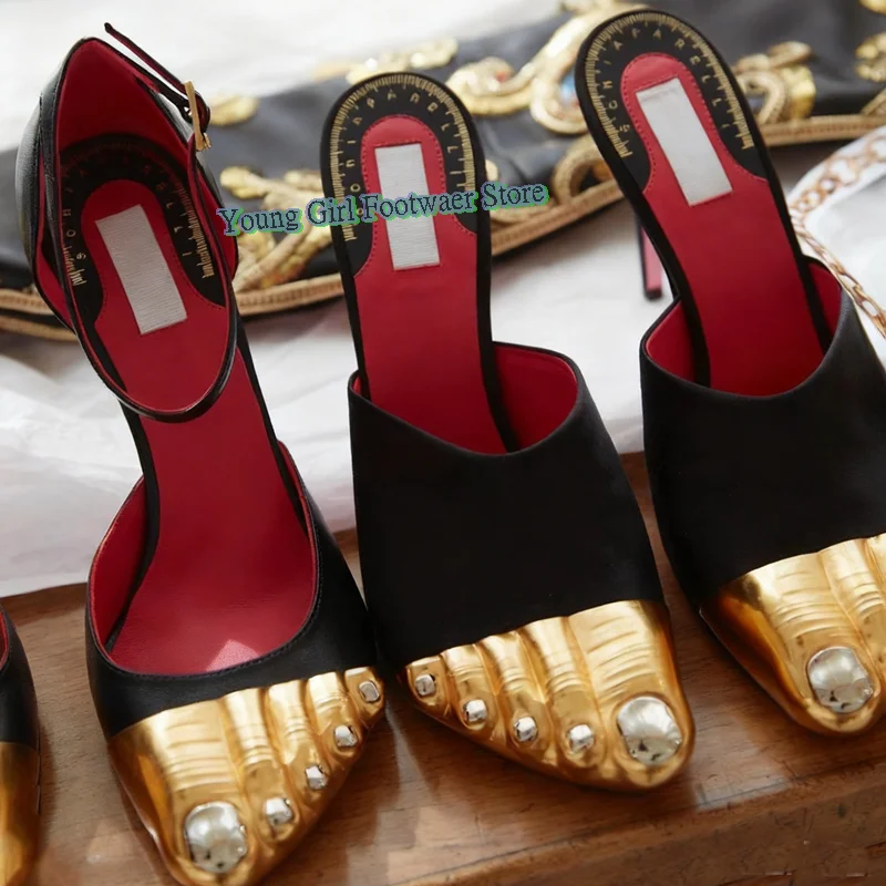 Женские пикантные туфли на высоком каблуке с золотым носком - Фотография_6