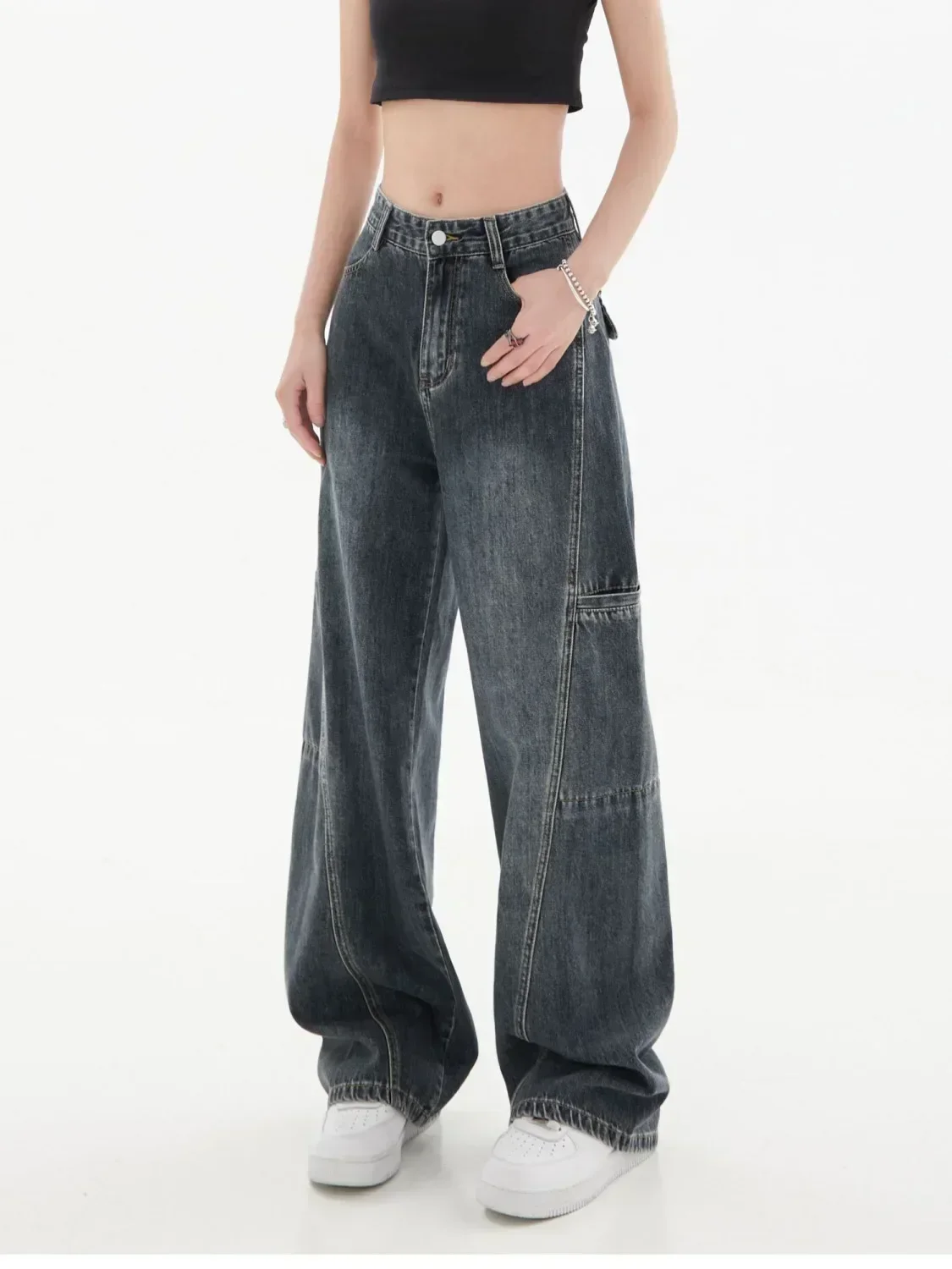 Свободные потертые джинсы-карго в стиле ретро - Фотография_3