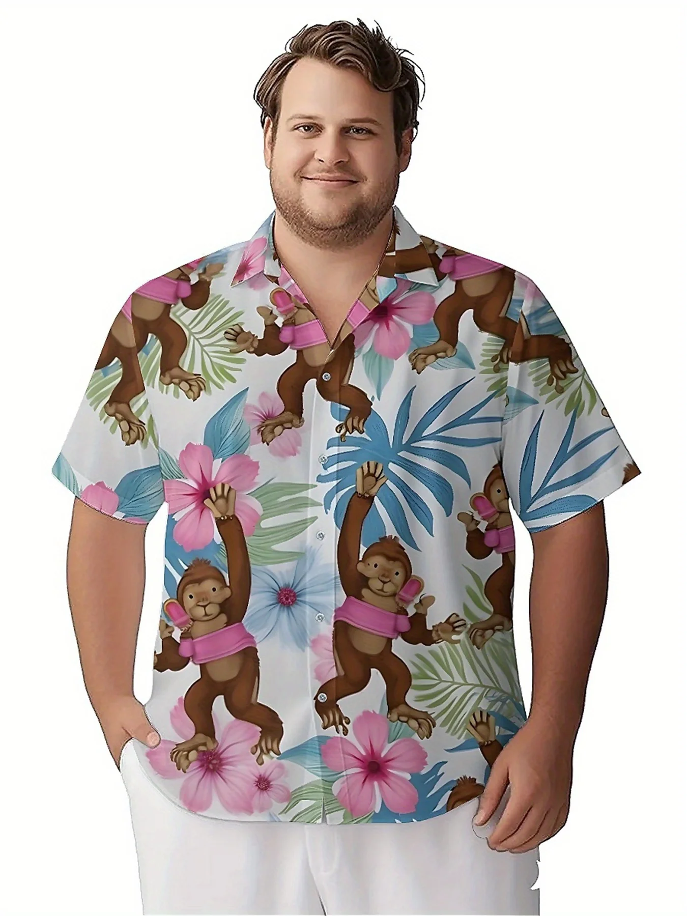 Мужские гавайские рубашки больших размеров с узором тропической обезьяны - Фотография_5