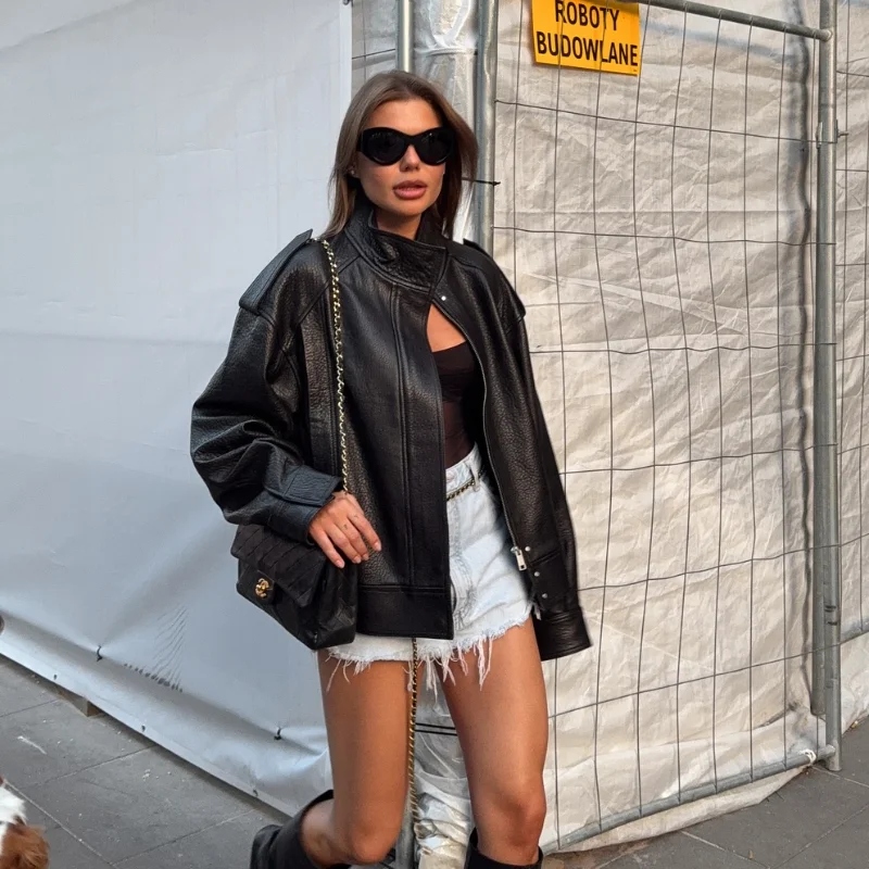 Винтажная женская кожаная куртка для женщин с тонкой талией и лацканами
