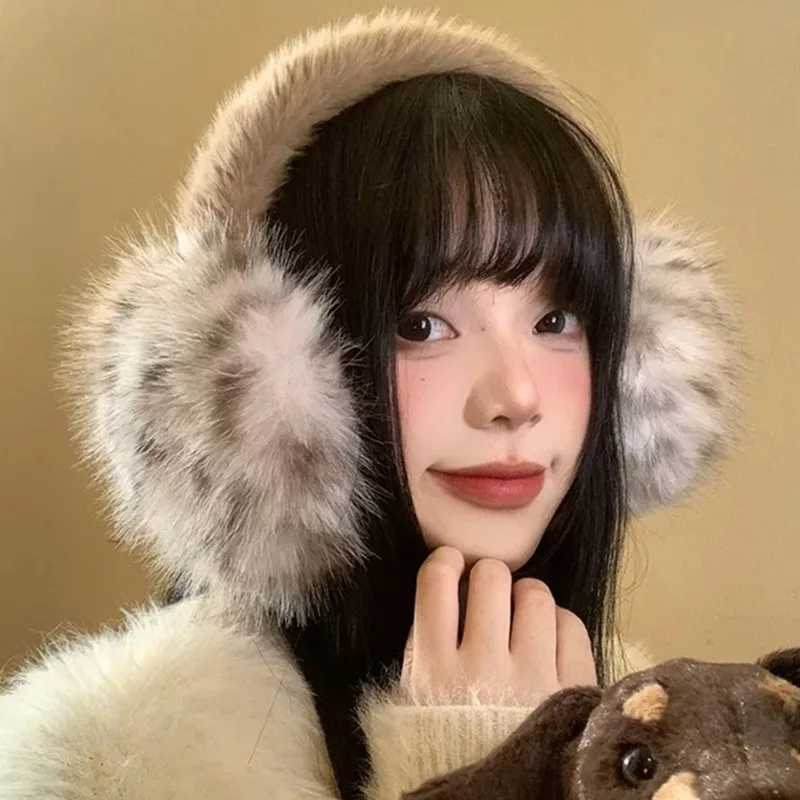 Новые модные пушистые наушники с кофейным леопардовым принтом для женщин - Фотография_4