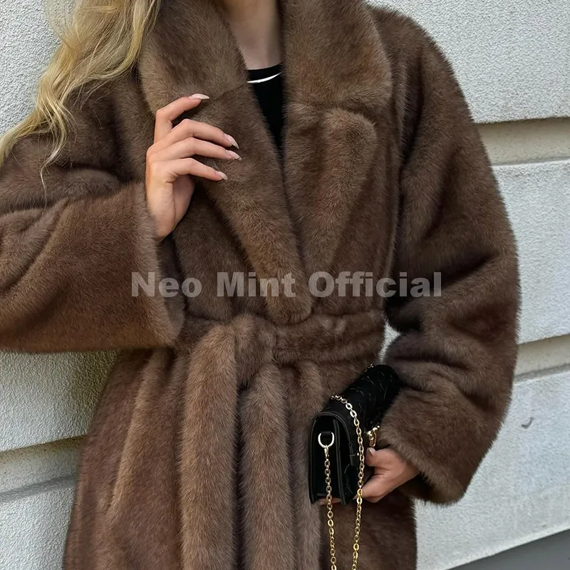 Neo mint, женская шуба из искусственного норкового меха с поясом - Фотография_2