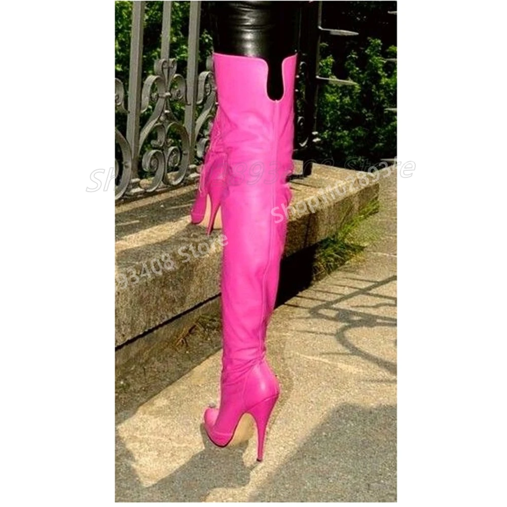 Розово-красные матовые кожаные высокие сапоги с острым носком