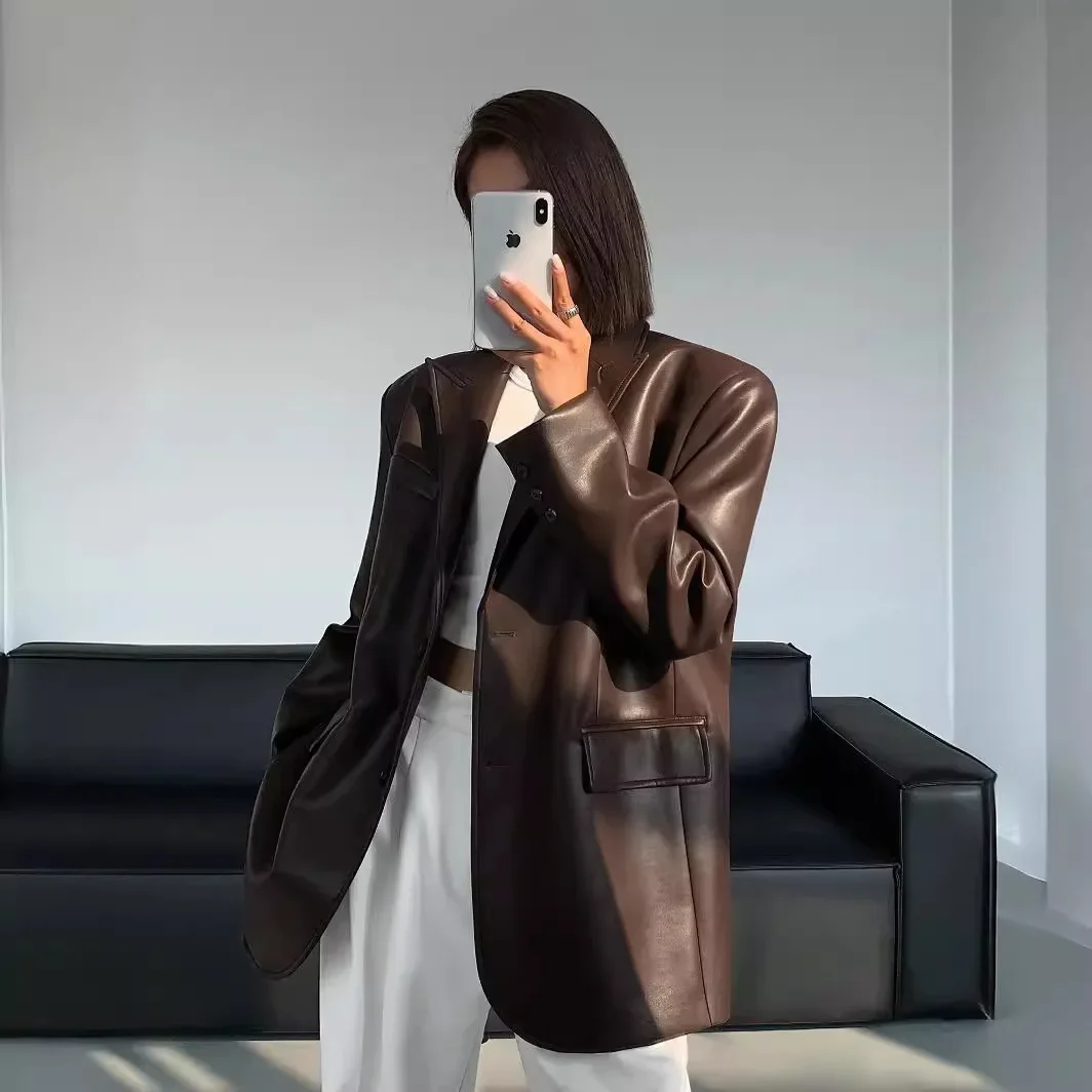 Женский модный черный пиджак из искусственной кожи