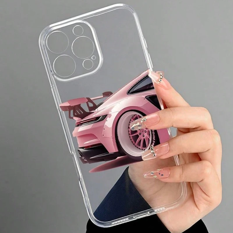 Прозрачный чехол для телефона с розовым автомобильным узором для iphone 17
