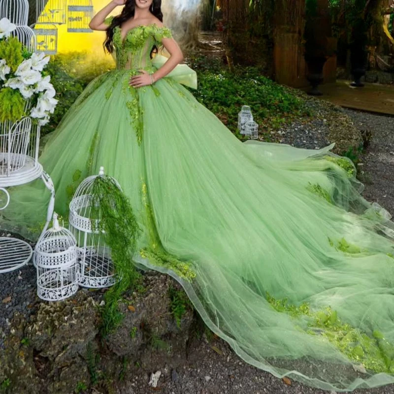 Блестящие платья quinceanera с открытыми плечами шалфея - Фотография_4