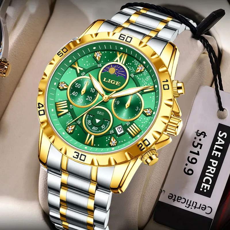 Lige новые 24-часовые мужские часы с фазой луны