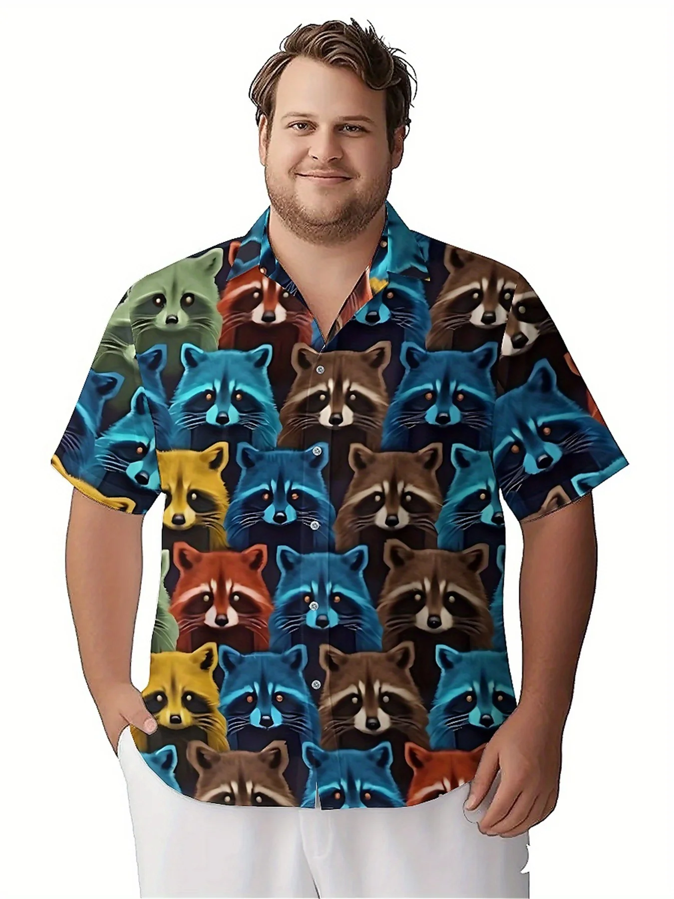 Мужские гавайские рубашки больших размеров. цветной узор енота - Фотография_4