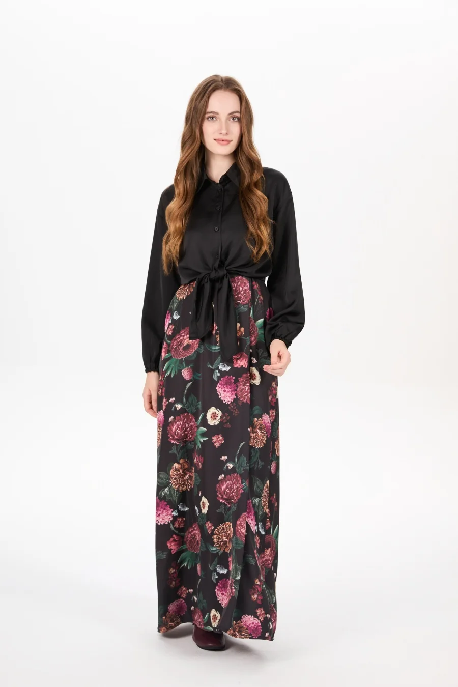 As aw25 женская атласная рубашка с запахом + платье-комбинация в тон - Фотография_4