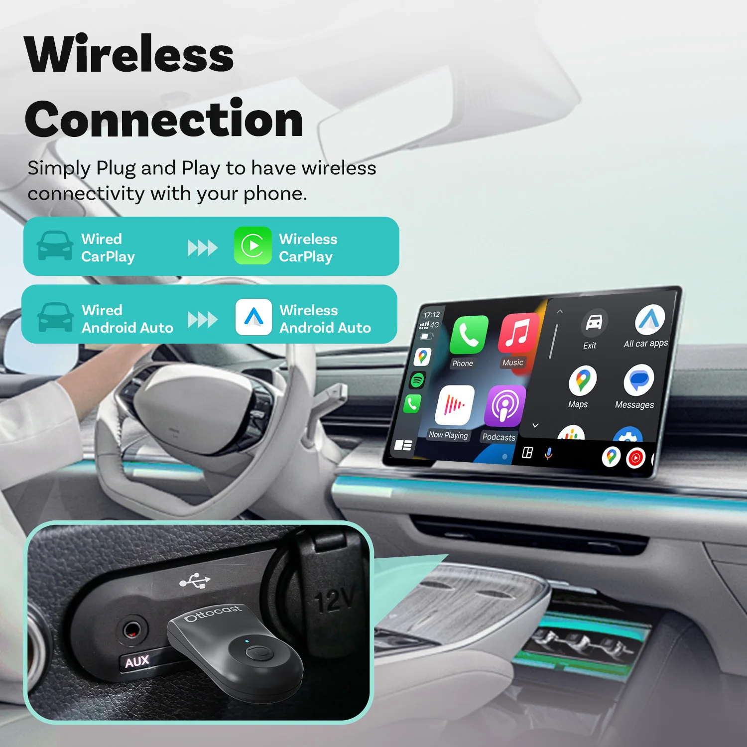Ottocast 2 в 1, беспроводной адаптер carplay android auto - Фотография_3