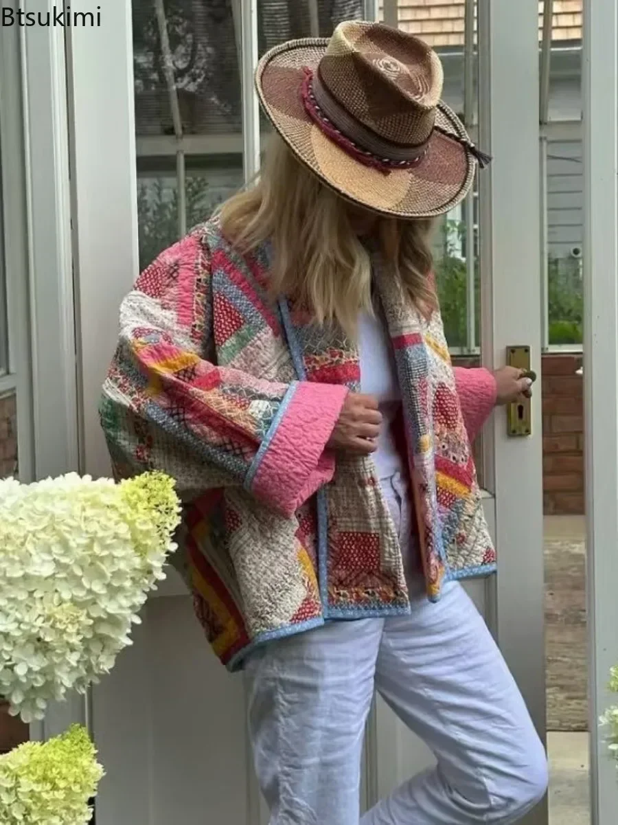 Женские розовые винтажные лоскутные хлопковые пальто с принтом - Фотография_3