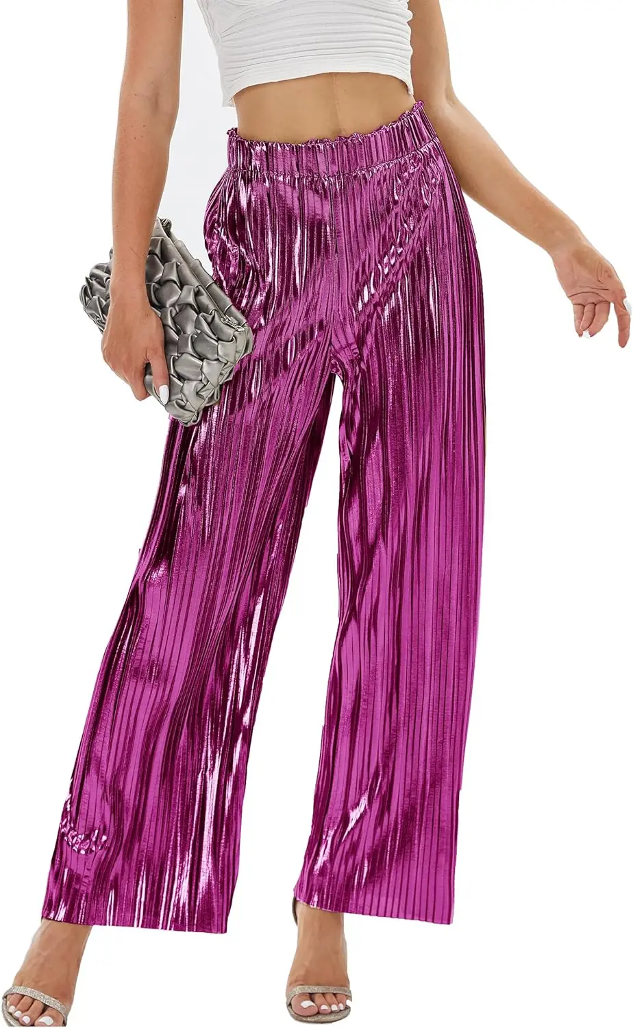 Heipeiwa женские блестящие плиссированные широкие брюки для вечеринок - Фотография_6