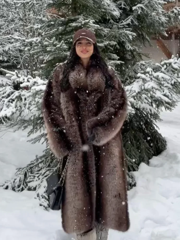 Женское повседневное длинное пальто из искусственного меха с лацканами - Фотография_4