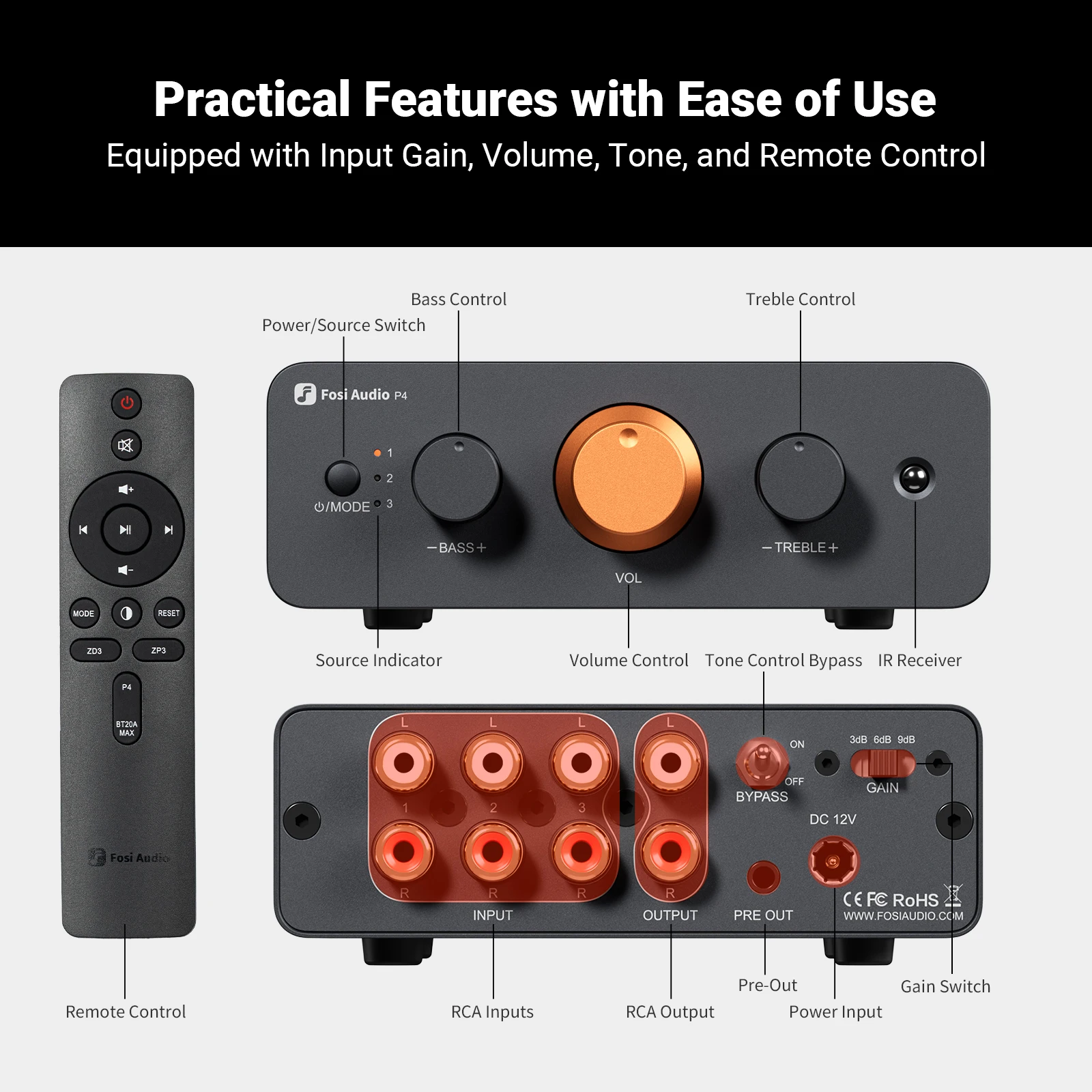 Fosi audio p4 hifi предусилитель: 3 входа rca - Фотография_3