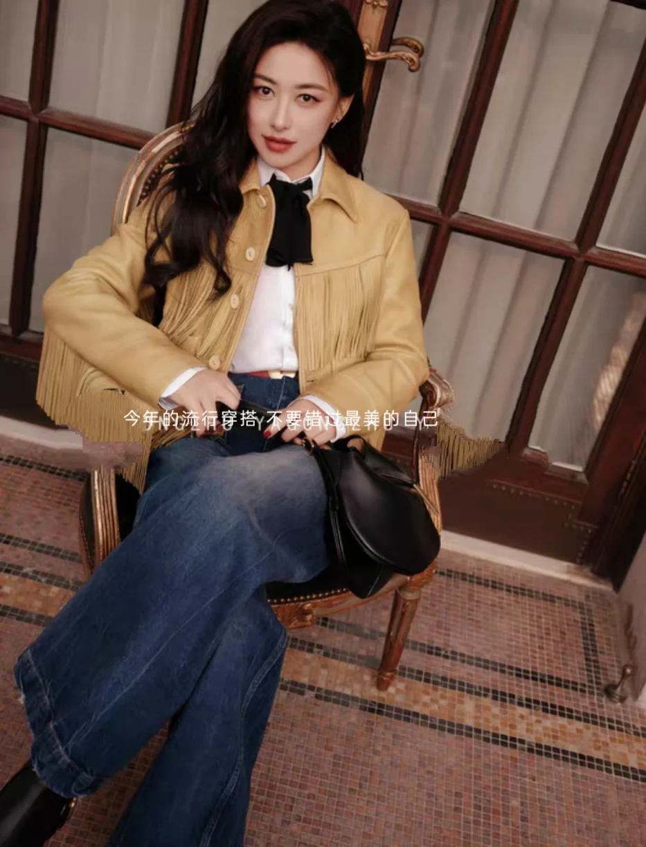 Джинсовая кожаная куртка в стиле вестерн с бахромой - Фотография_3