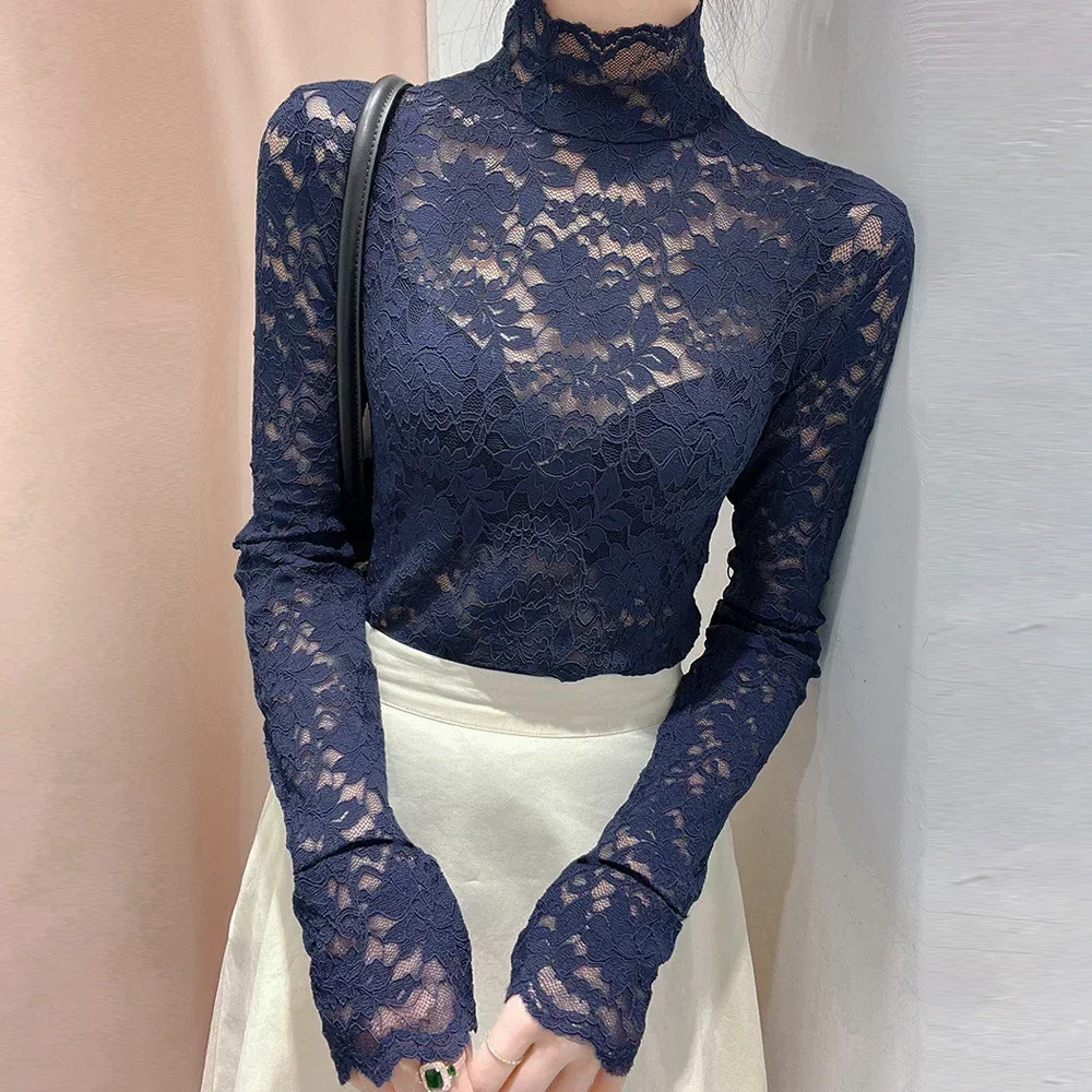 Модная кружевная вязаная крючком ажурная футболка с воротником-стойкой