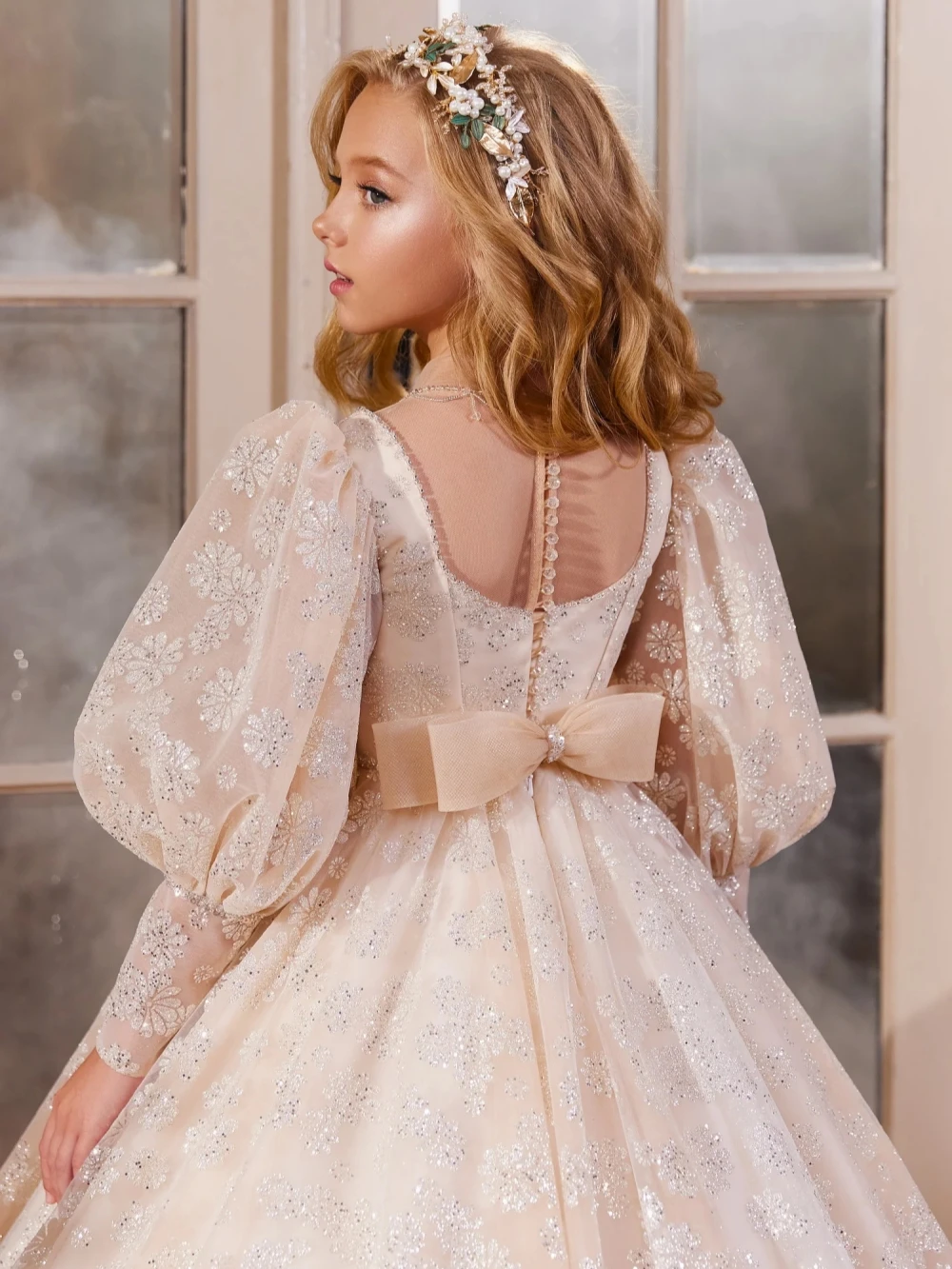 Роскошное длинное платье трапециевидной формы с блестками для девочек - Фотография_3