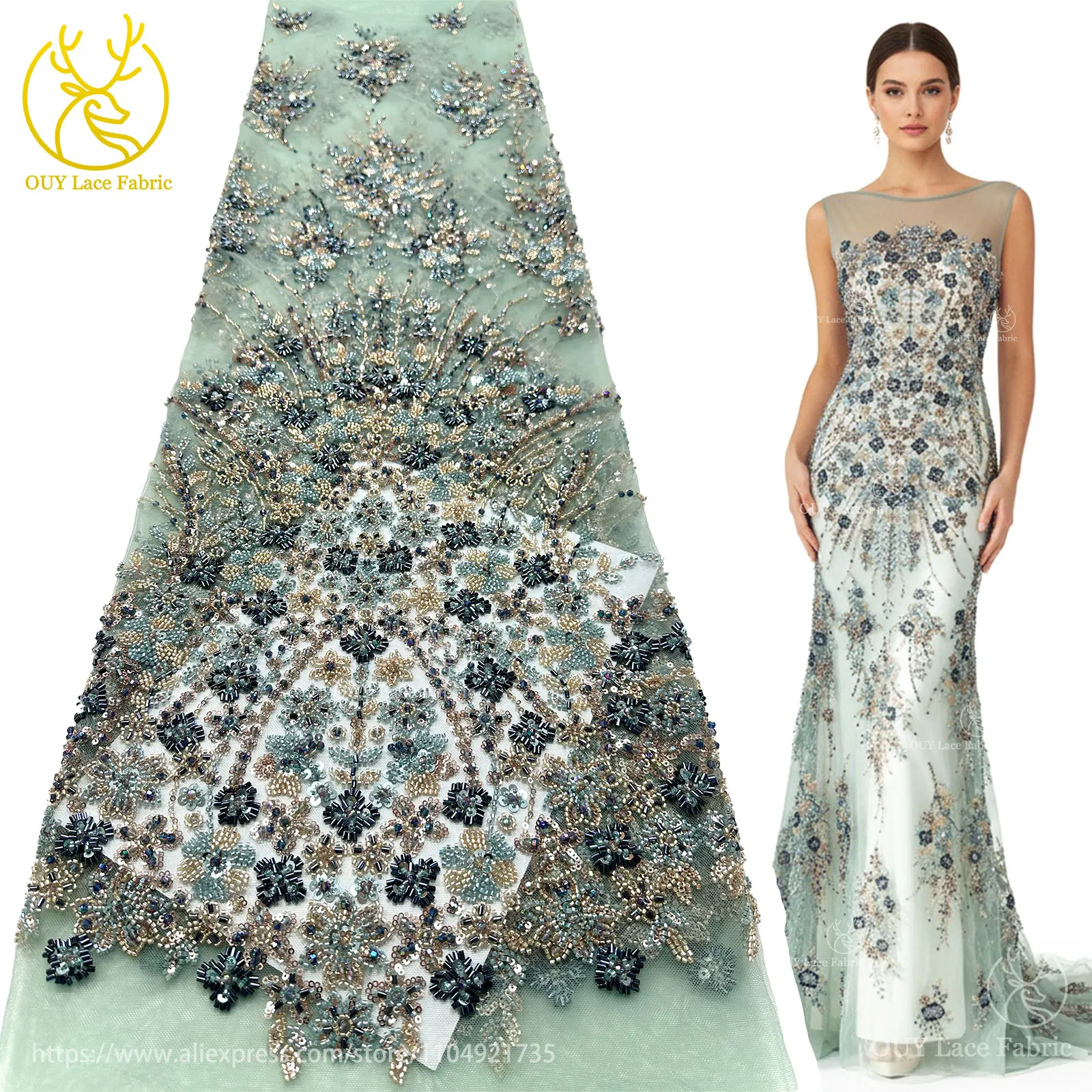 Новейшая африканская кружевная ткань с блестками и бисером - Фотография_2