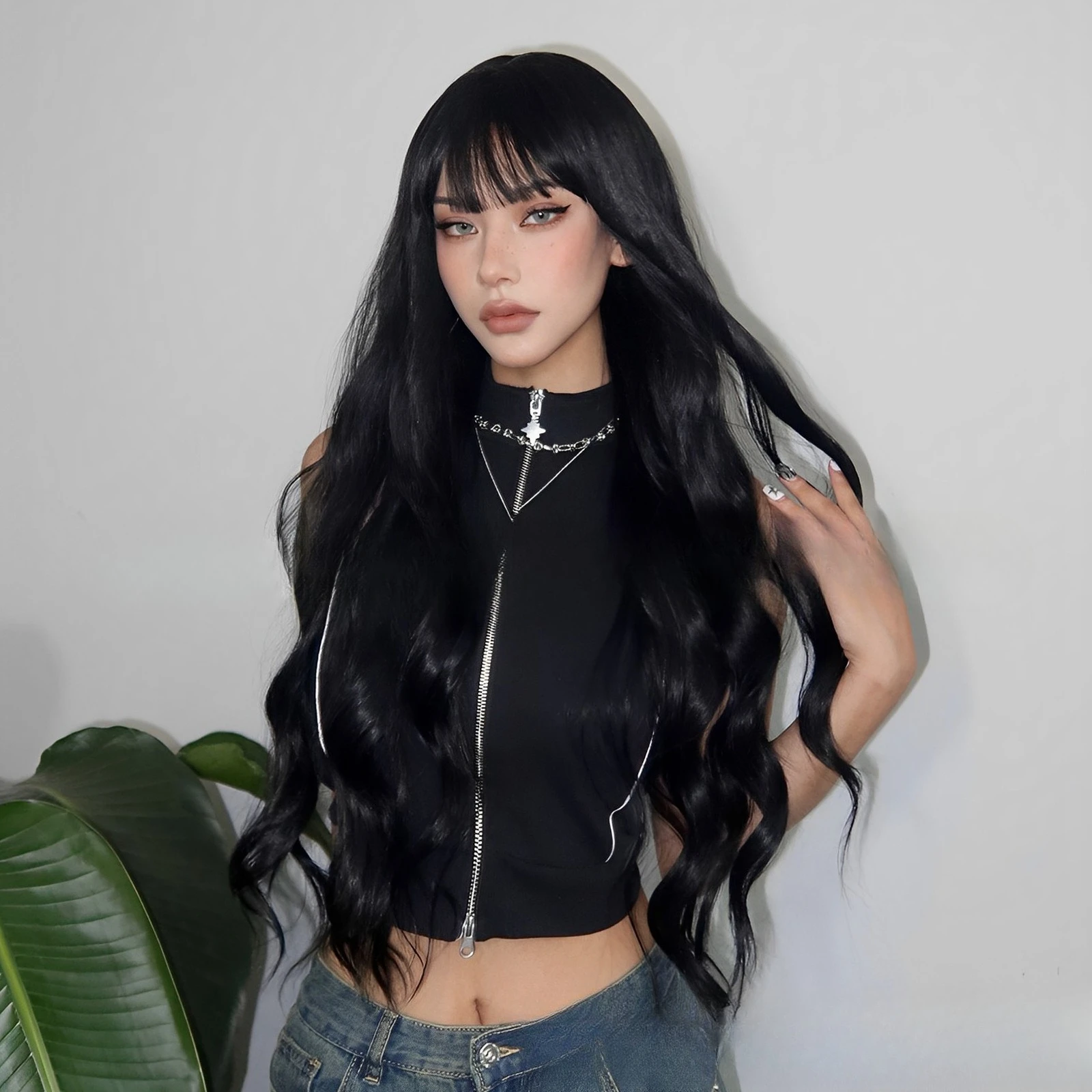 Black wig qi bangs long curly hair - Фотография_2