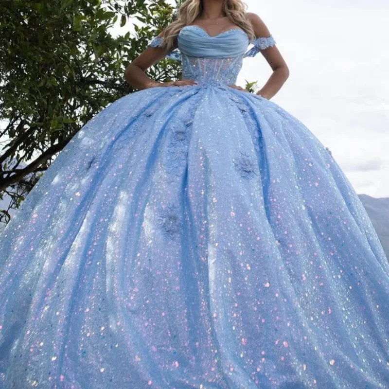 Блестящее голубое платье quinceanera