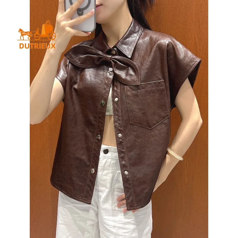 Осенний женский жилет из натуральной кожи со съемным бантом на воротнике