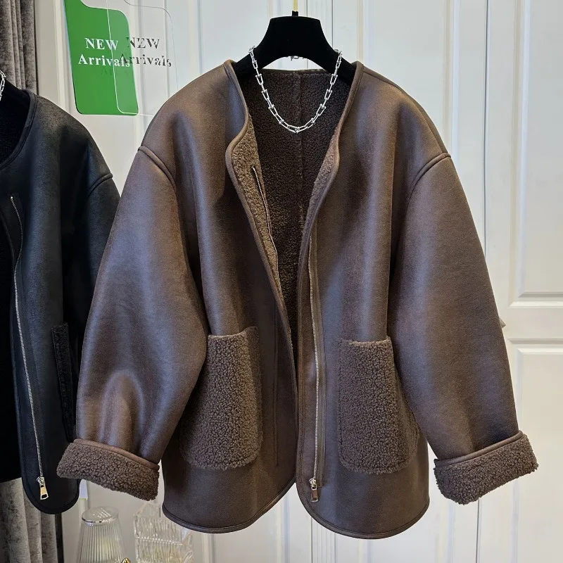 Женское супер милое меховое лоскутное пальто на молнии с круглым вырезом - Фотография_6