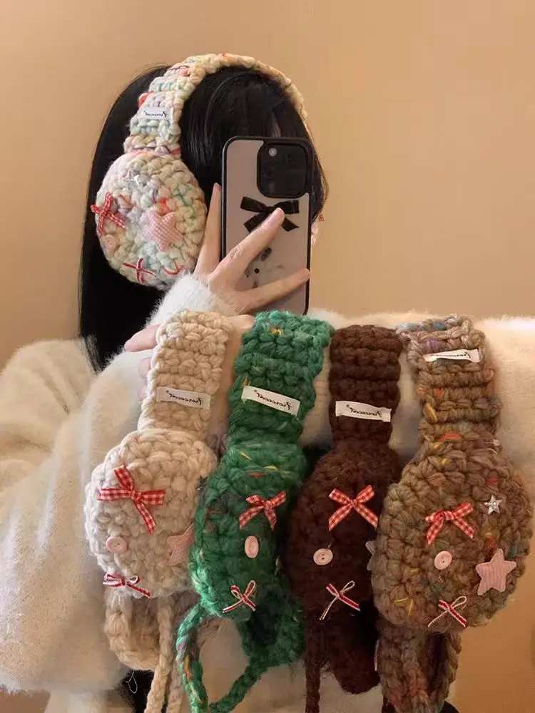 Ветрозащитные вязаные крючком наушники с наклейками в виде звезды и луны - Фотография_2