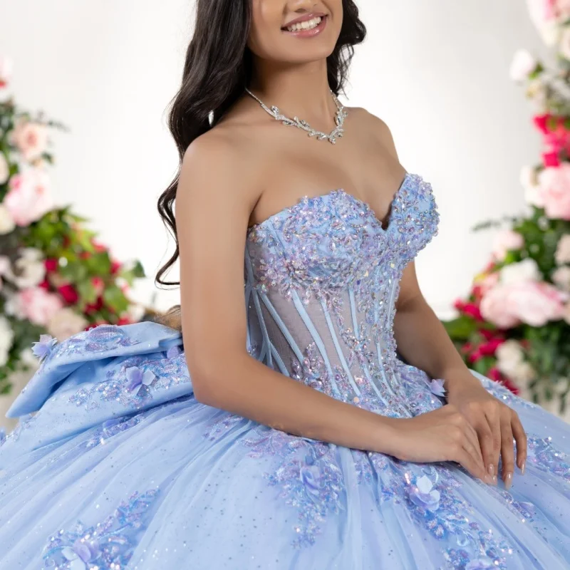 Блестящее небесно-голубое платье quinceanera с открытыми плечами
