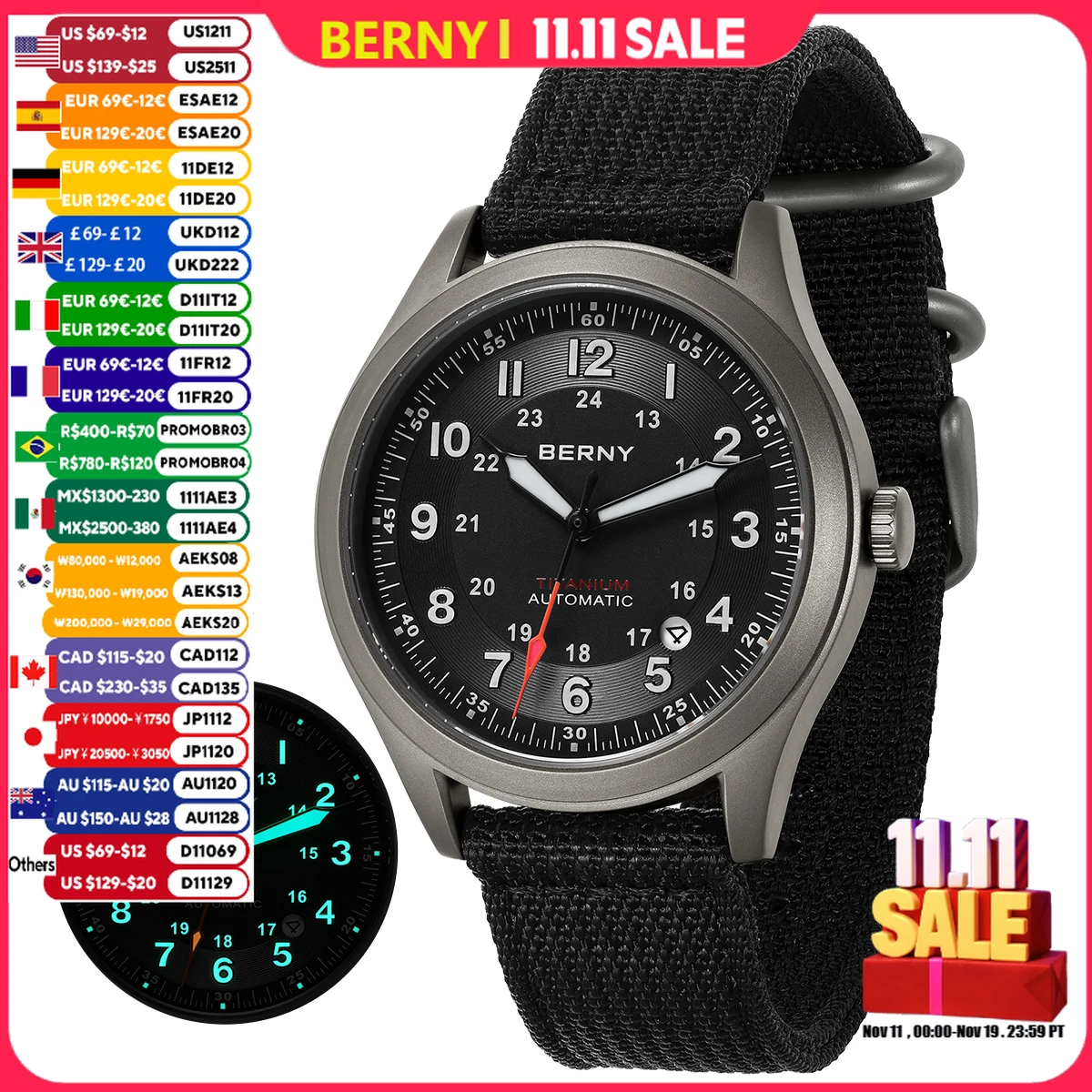 Berny титановые автоматические мужские полевые часы с датой и сапфиром