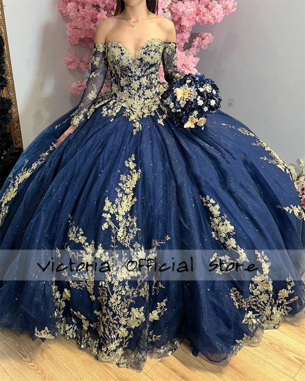 Восходящие темно-синие платья quinceanera с рукавами три четверти - Фотография_2