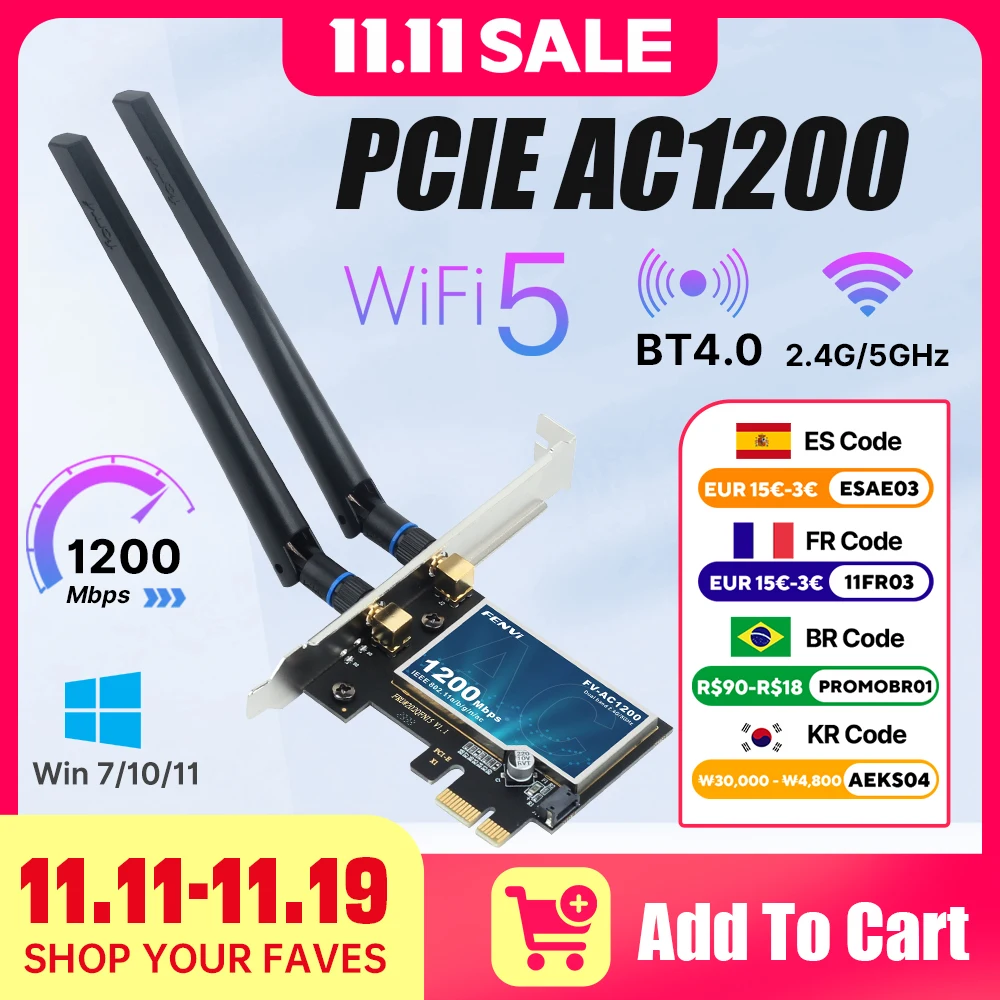 Fenvi wifi5 ac1200 pcie wifi-адаптер bt4