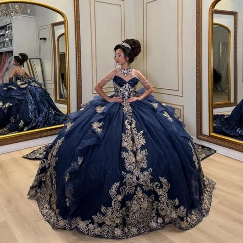 Блестящее темно-синее платье quinceanera с открытыми плечами - Фотография_2