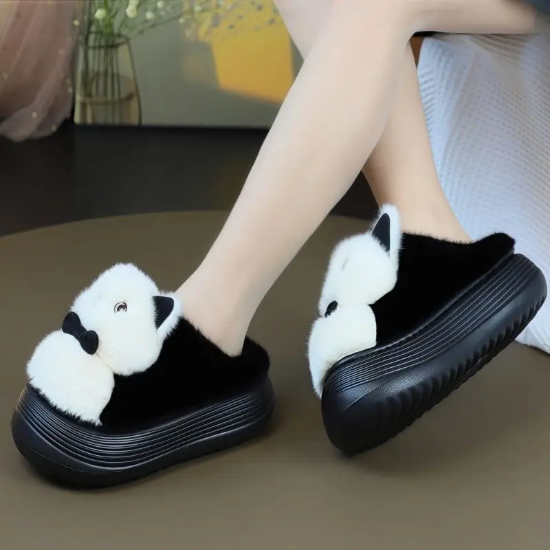 Новые зимние теплые тапочки с изображением кота на платформе 5 см - Фотография_5