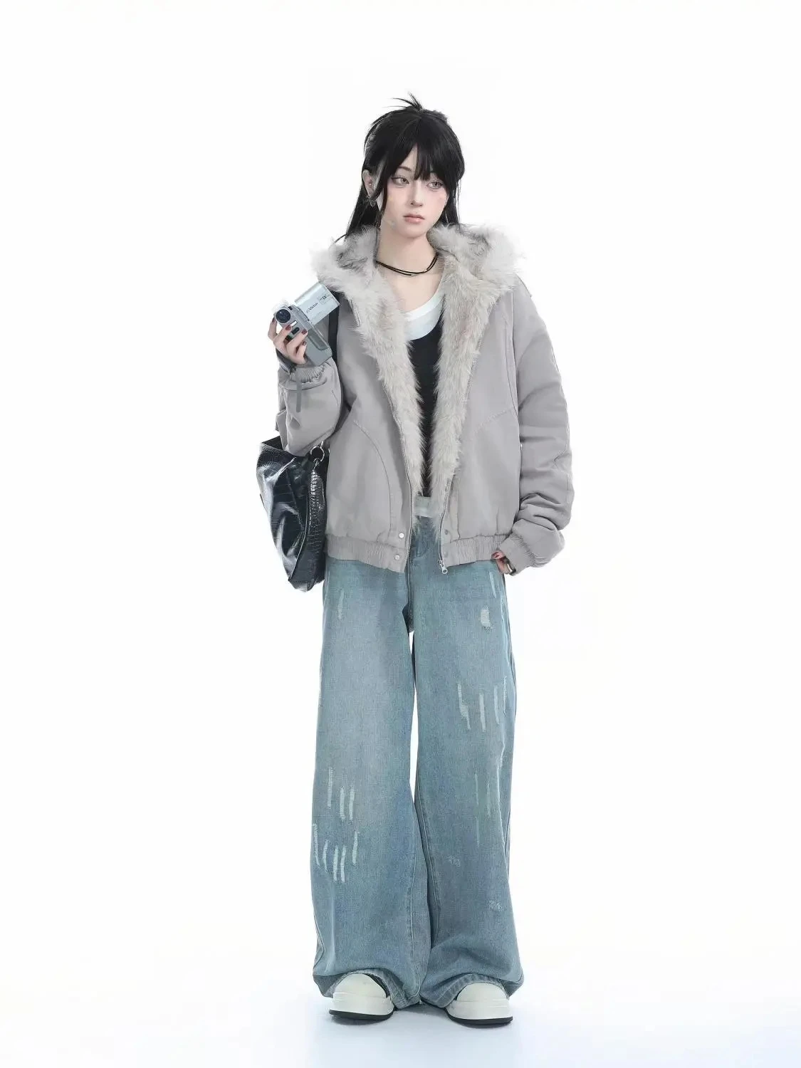 Y2k модная нишевая хлопковая куртка с меховым воротником и капюшоном - Фотография_6