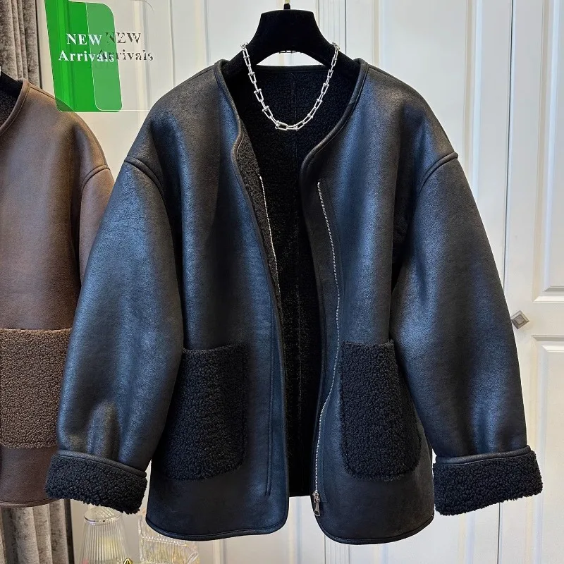 Женское супер милое меховое лоскутное пальто на молнии с круглым вырезом - Фотография_4