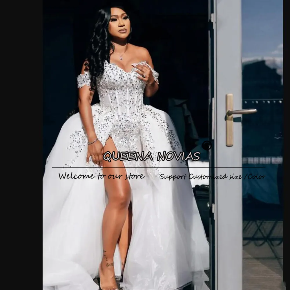 Aso ebi кружевное свадебное платье с бисером и кристаллами - Фотография_3
