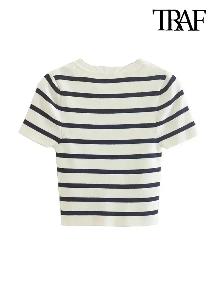 Женский модный полосатый базовый укороченный вязаный свитер - Фотография_3