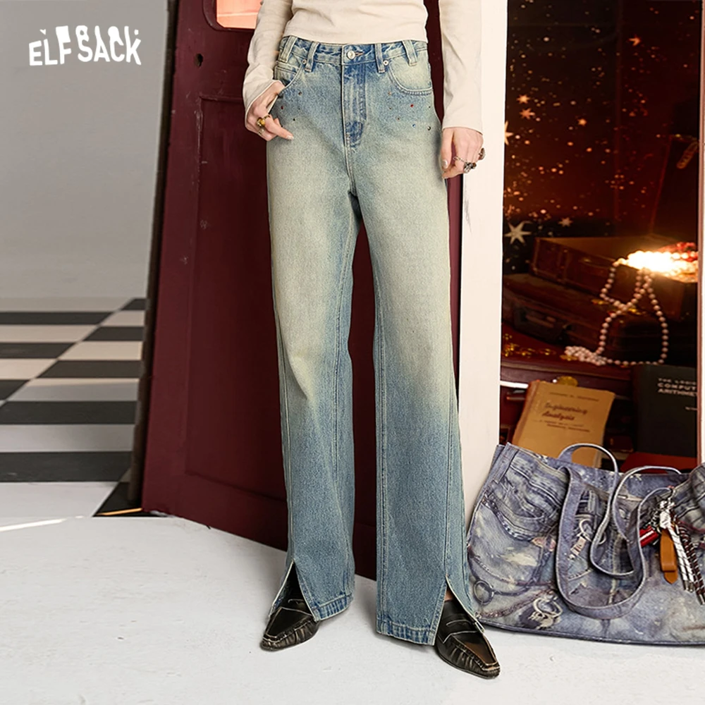 Женские прямые джинсы с бриллиантами elfsack