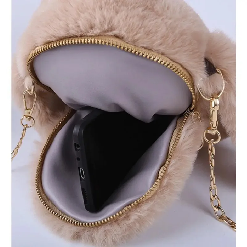 Милая пушистая сумка на цепочке с помпонами из кроличьего меха - Фотография_6