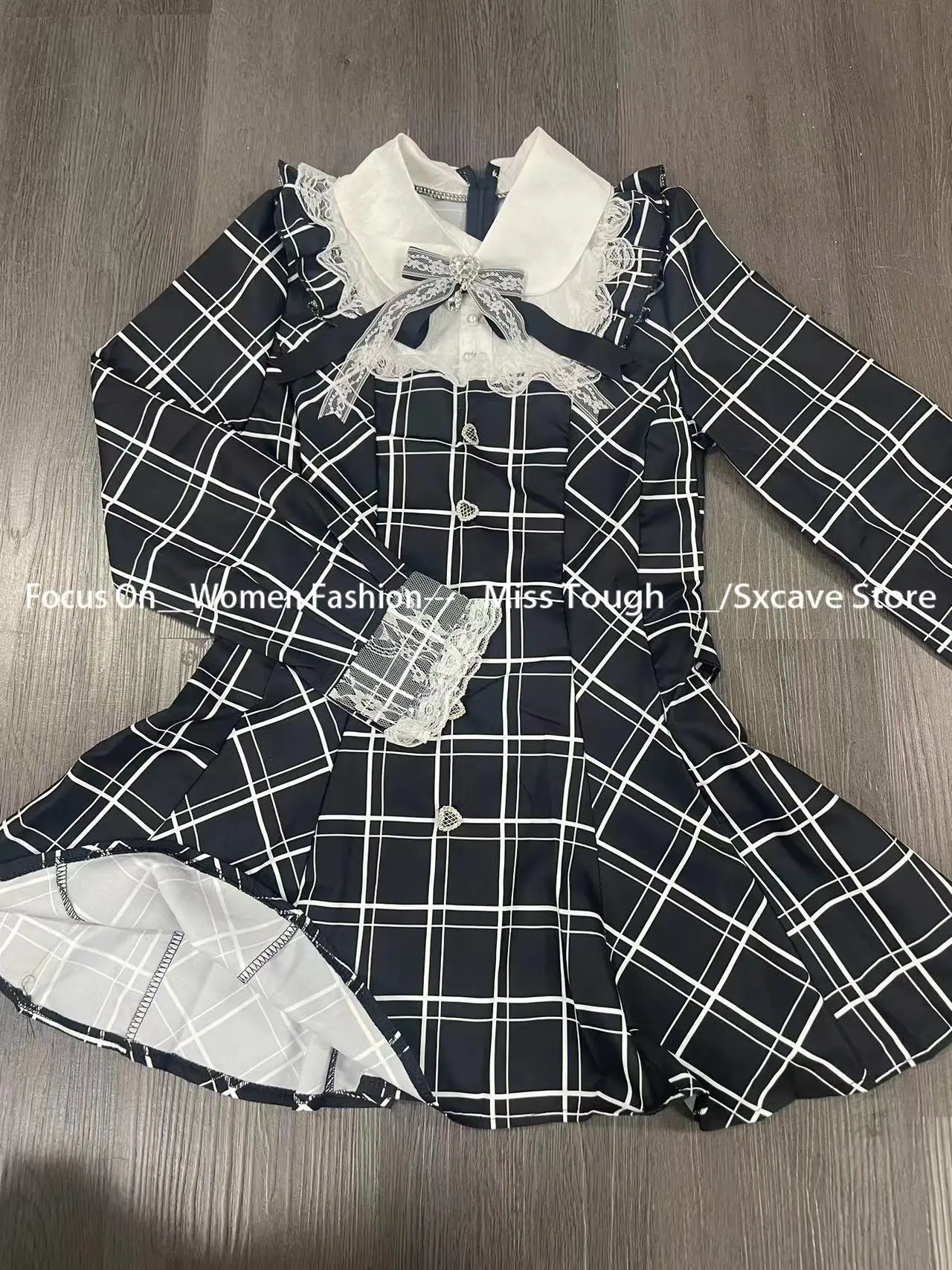 Черные клетчатые платья harajuku sweet bow - Фотография_6