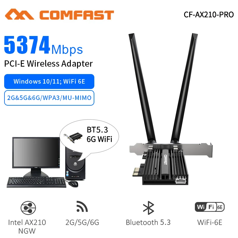 Мбит/с wifi6e ax210 беспроводной адаптер pcie bluetooth5.3 2