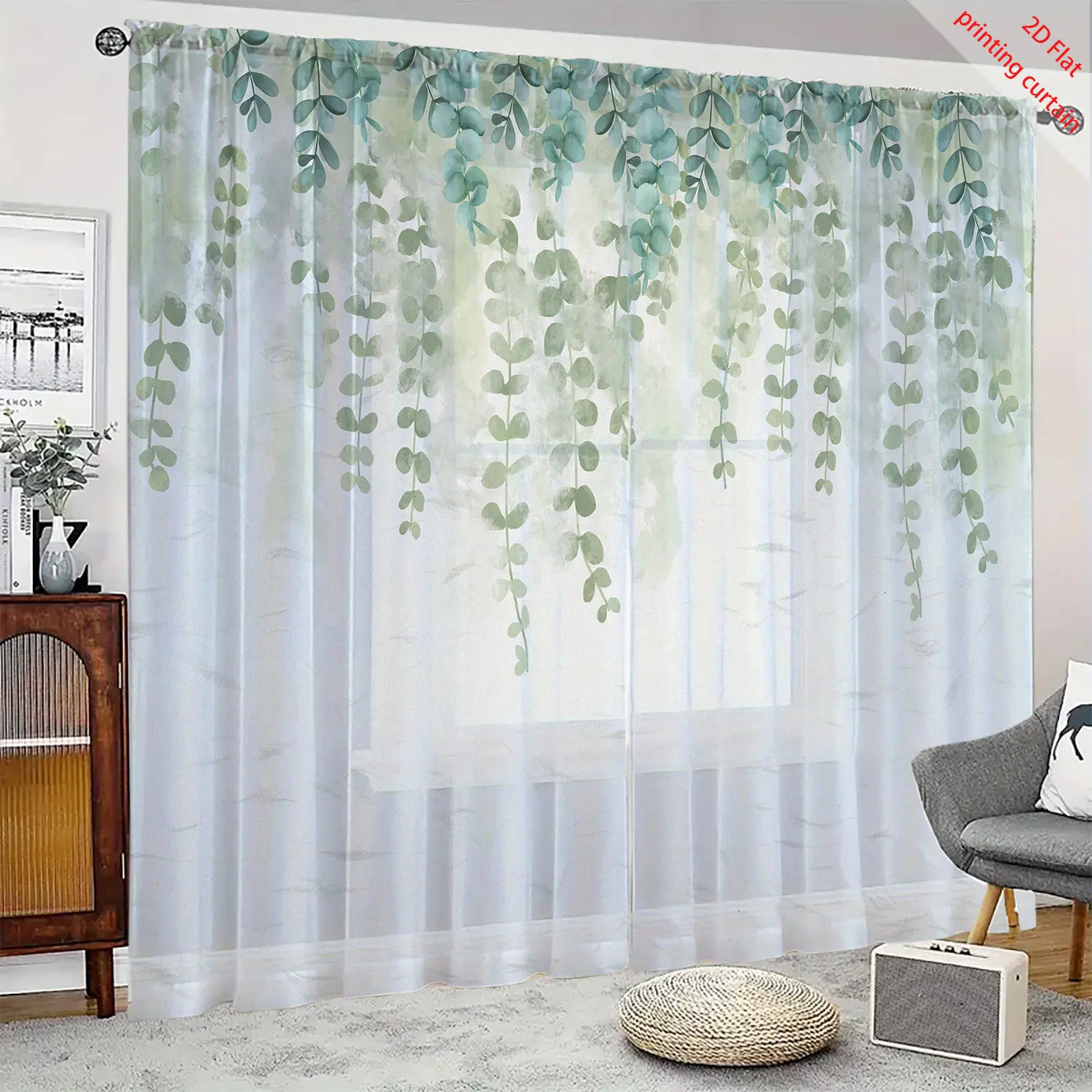 Прозрачная марлевая занавеска с принтом растений - Фотография_2