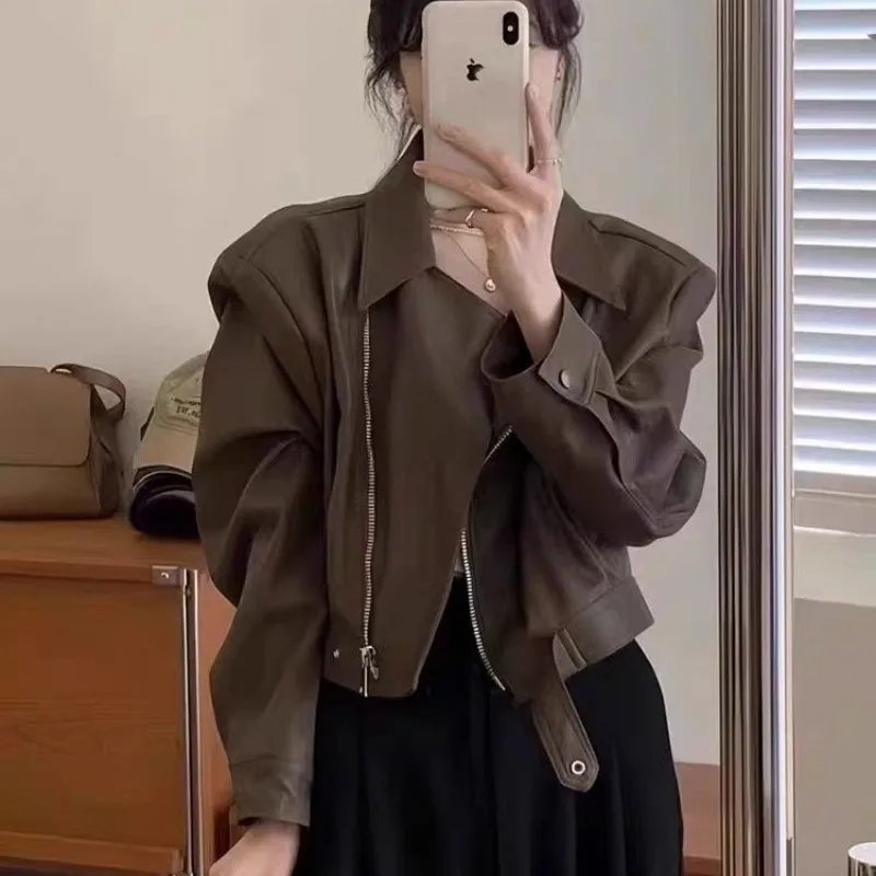 Y2k женская короткая кожаная куртка - Фотография_3