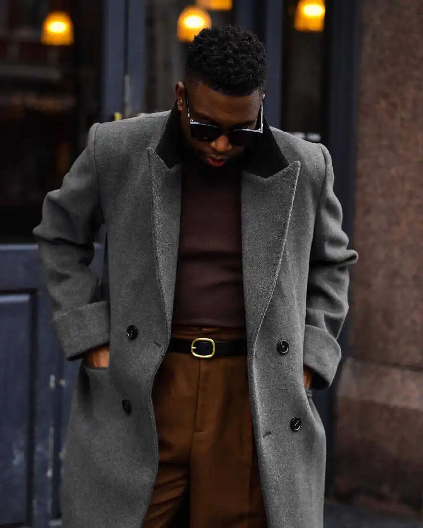 Повседневное мужское двубортное полушерстяное пальто - Фотография_2